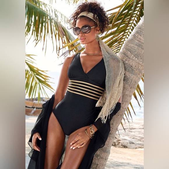 VENUS Lascana Black and Gold One-Piece Swimsuit 34C - Picture 1 of 13